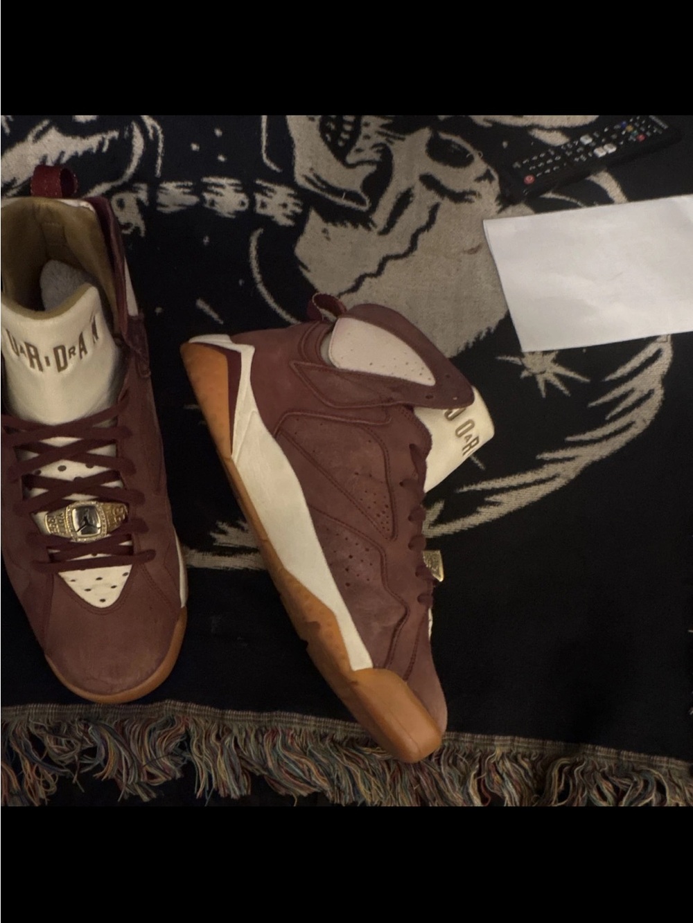 Jordan Men's Burgundy and Cream Retro Sneakers with Gold Accents - Picture 2 of 5